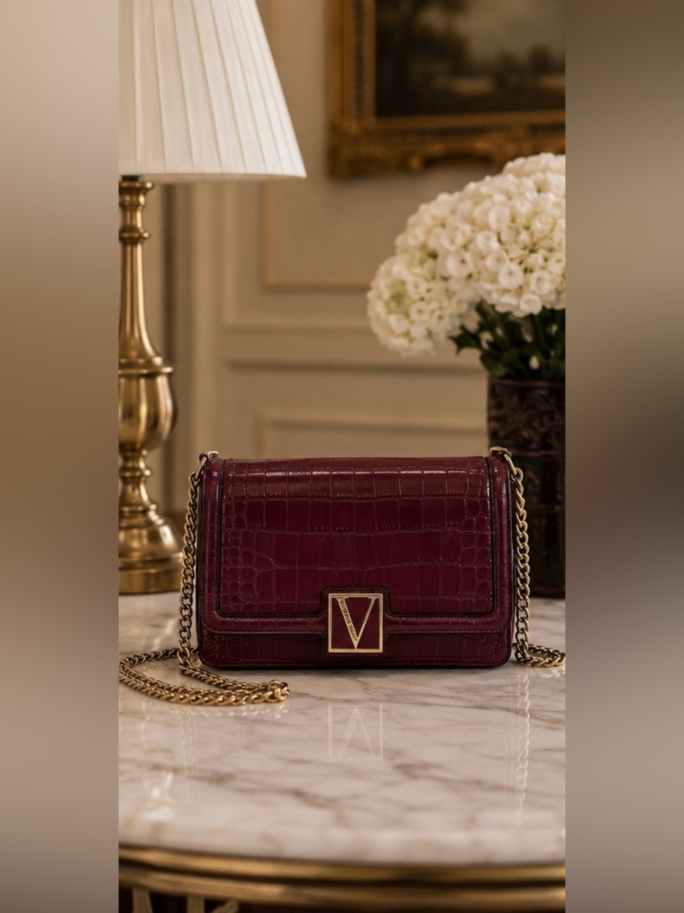 Victoria’s Secret Victoria Burgundy Croc Embossed Gold Chain Bag Purse - Picture 9 of 16